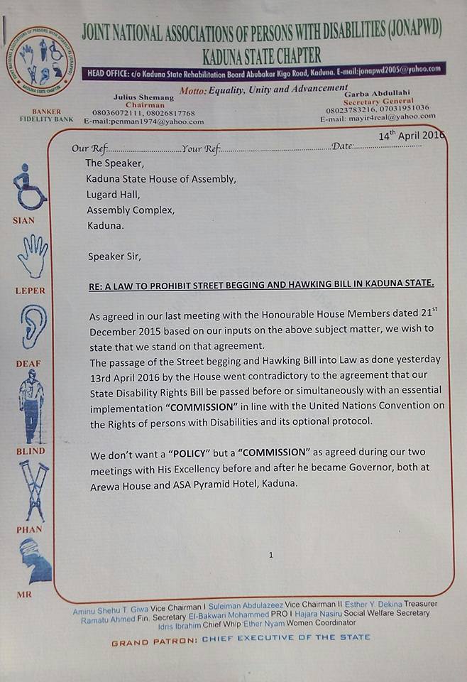 Letter to the Speaker of the Kaduna State House of Assembly