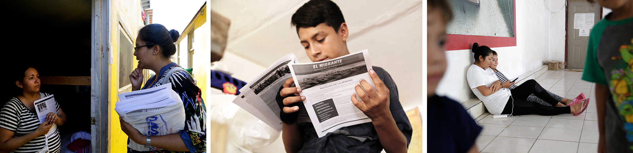 3 photos showing people reading the El Migrante newsletter