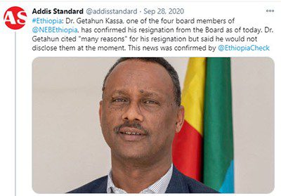 Tweet from Addis Standard - citing Ethiopia Check confirmation of Getahun Kassa resignation from NEB.