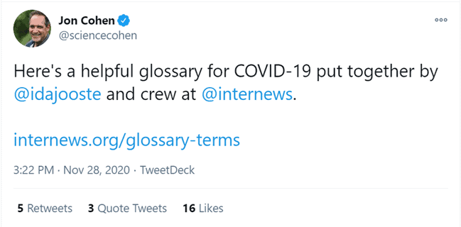 Tweet from Jon Cohen: Here's a helpful glossary for COVID-19 put together by @idajooste and crew at @internews