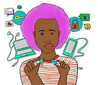 Graphic of a young African woman with computers behind her