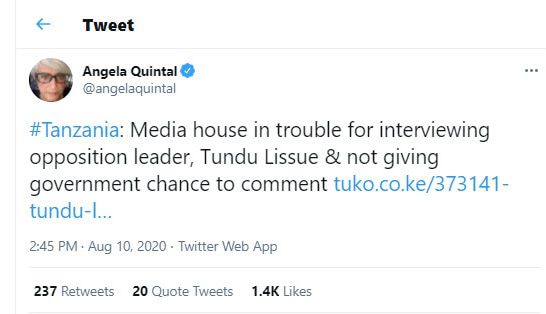 Tweet from Angela Quintal that says, #Tanzania: Media house in trouble for interviewing opposition leader, Tundu Lissue & not giving government chance to comment