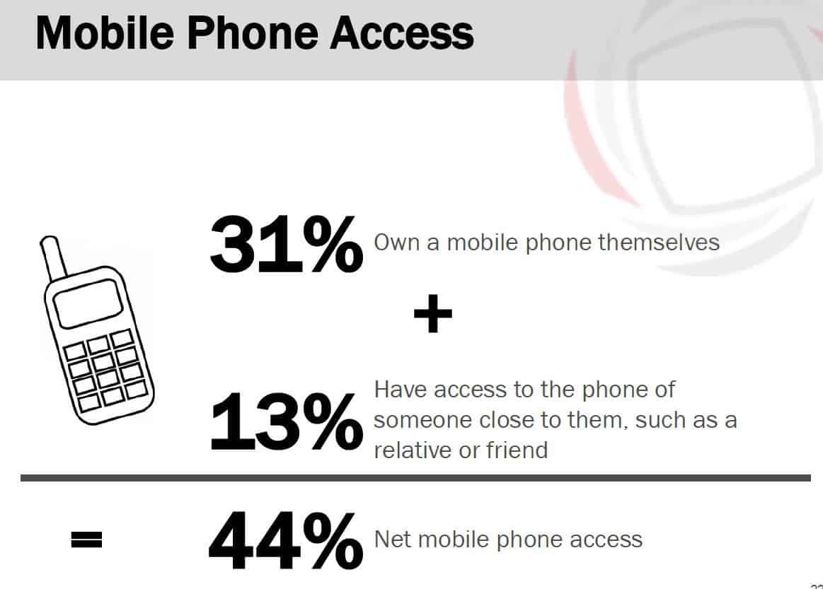 Mobile phone access: 31% own a mobile phone, 13% have access to one = 44% net mobile phone access