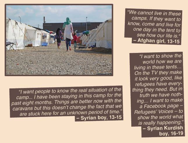 Photo of a woman walking with two children through a camp and quotes from Afghan and Syrian children