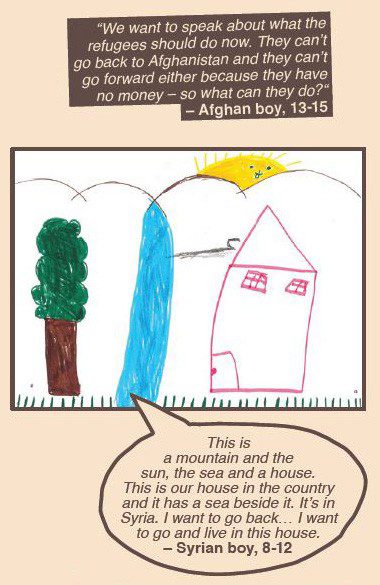 Drawing of a house and quotes from an Afghan boy and a Syrian boy