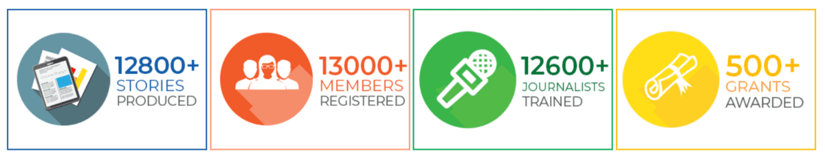 12,800+ stories produced, 13,000+ members registered, 12,600+ journalists trained, 500+ grants awarded