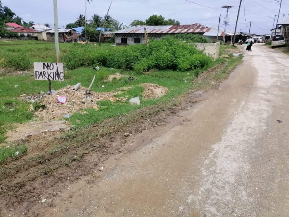 A dirt road  with a no parking sign