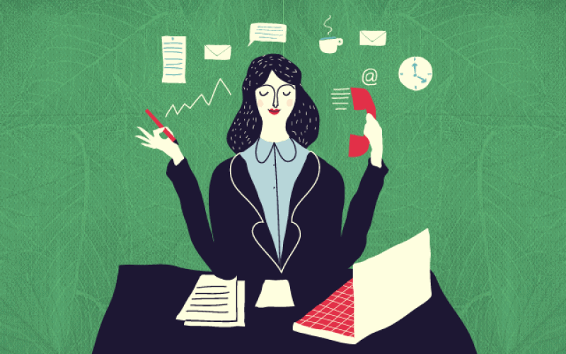A graphic of a woman at a desk with a phone in one hand.