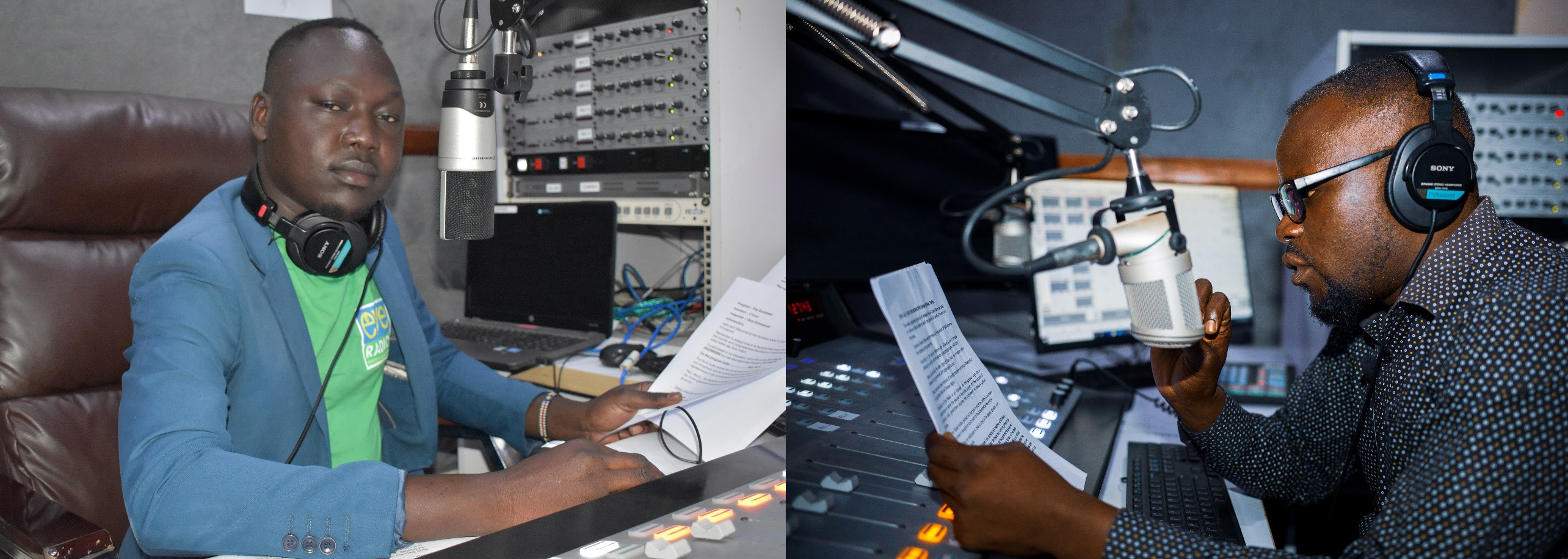 Two photos of journalists each sitting in front of a mic in a radio studio