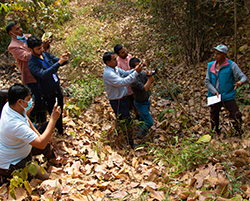 A group of people photograph a man talking in the woods