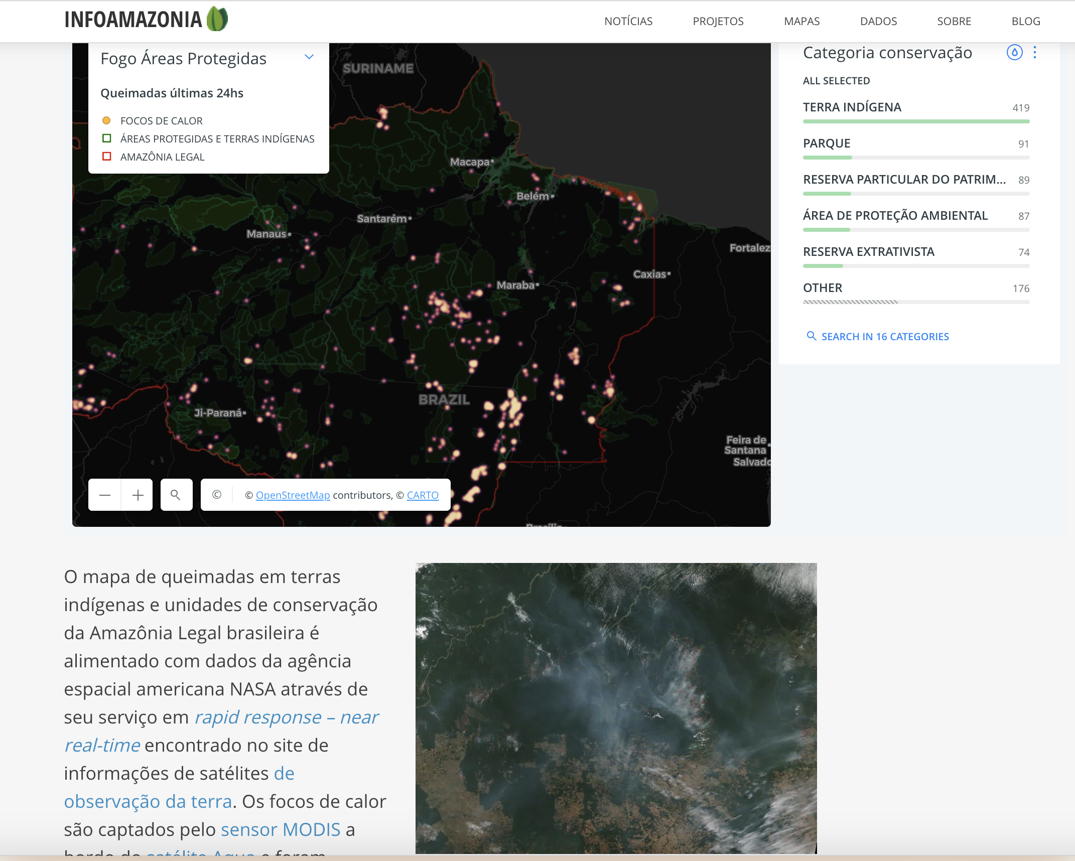 Screenshot of web page showing the InfoAmazonia map and photos