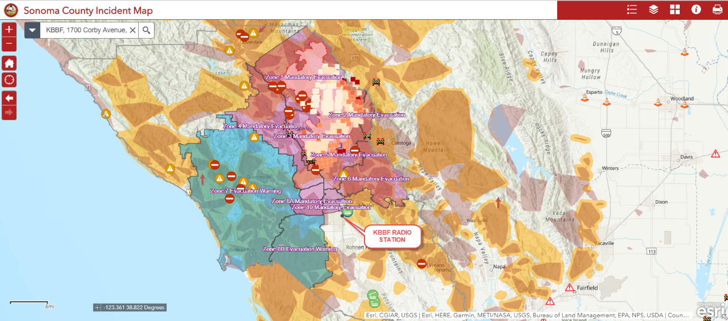 Map showing evacuation areas for the Kincade fire in California