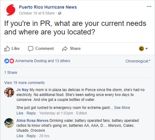 Facebook post from Puerto Rico Hurricane News: If you're in PR, what are your current needs and where are you located?