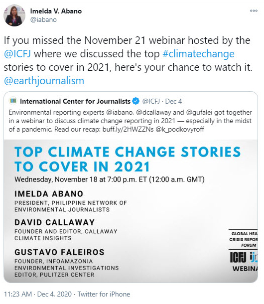 Tweet from Imelda Abano about a webinar: Top Climate Stories to Cover in 2021