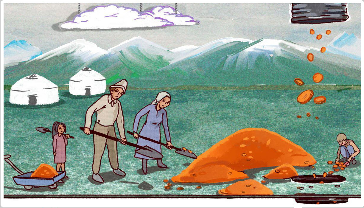Two people shovel a pile of gold coins, mountains and yurts in the background