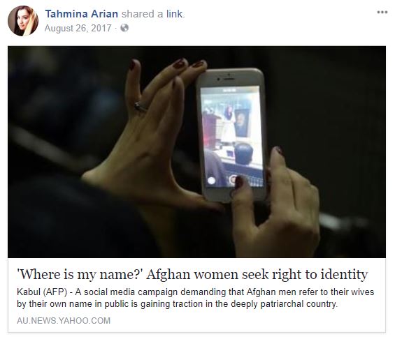 Screenshot of Facebook post showing a woman's hands holding a smart phone. Underneath it says, "Where is my name? Afghan women seek right to identify."