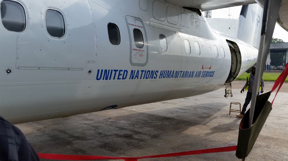 Plane with the sign: United Nations Humanitarian Air Service.
