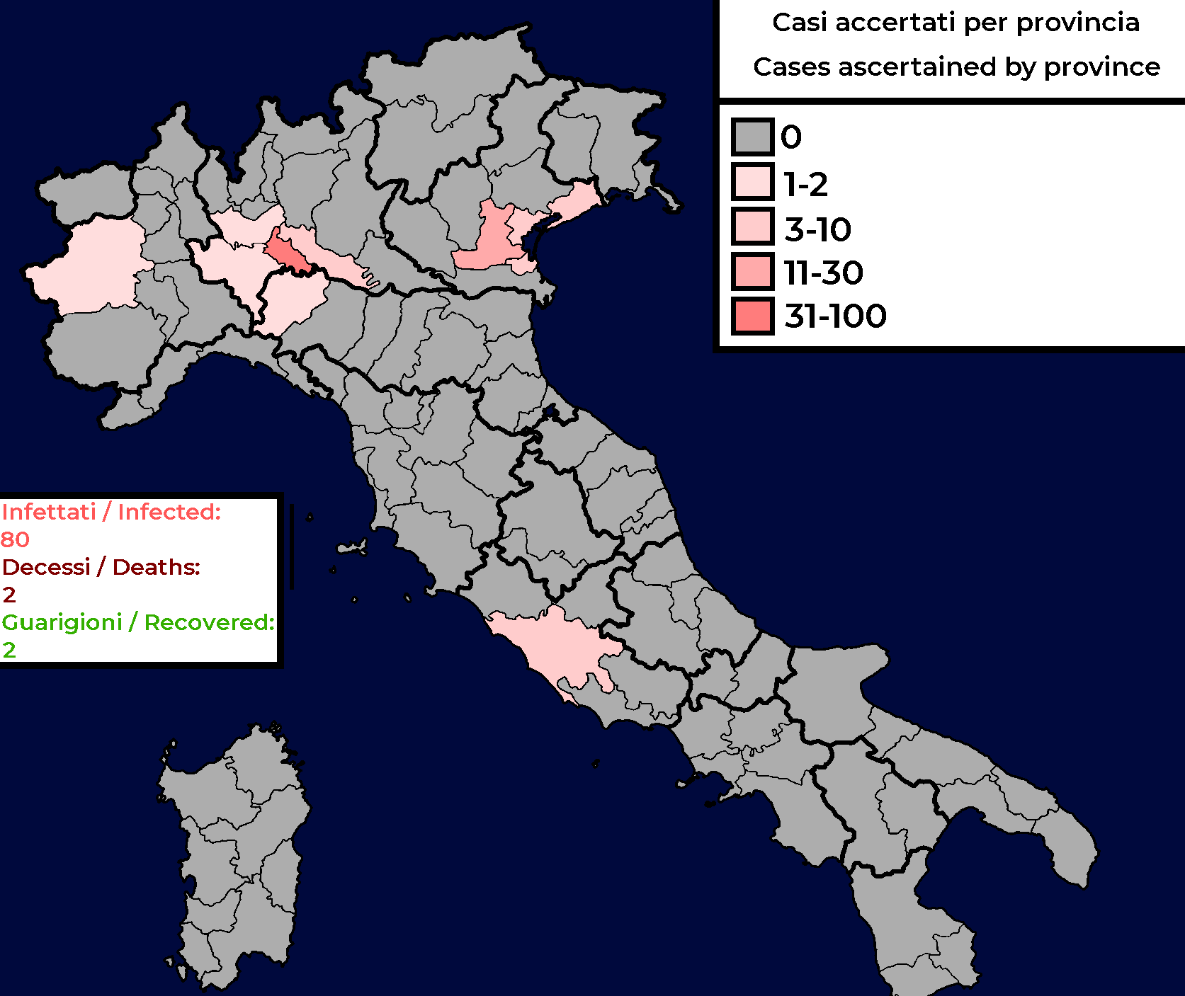 Map showing spread of coronavirus in Italy.