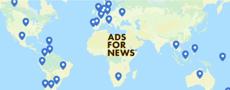 Map of the world with the logo: Ads for News