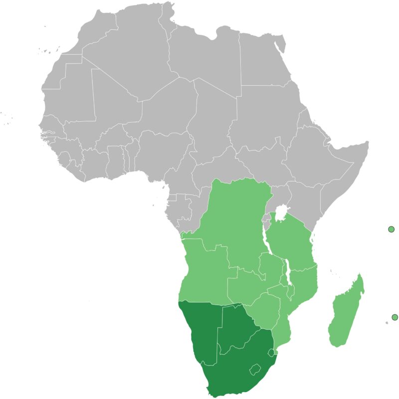 Map of Africa with the southern African countries colored in green