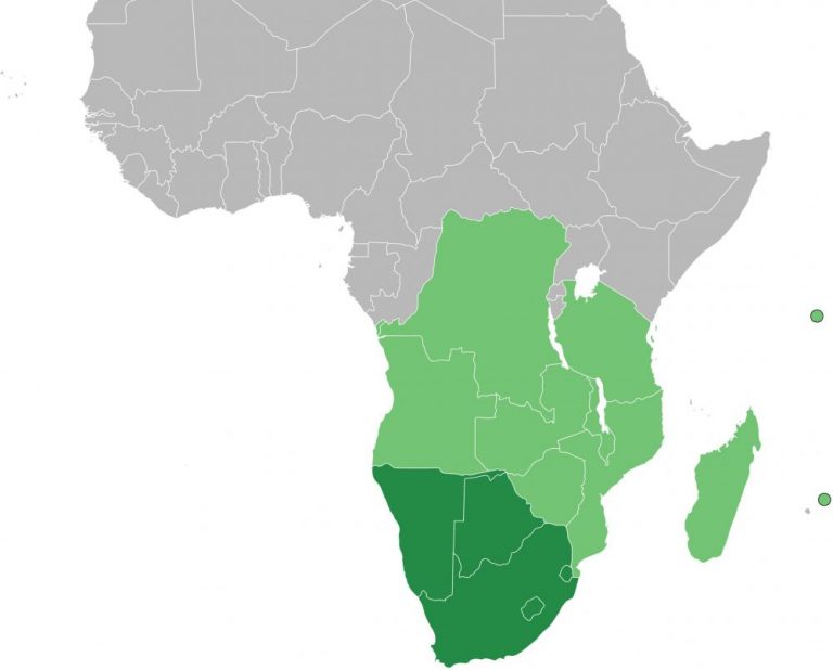 Map of Africa with the southern African countries colored in green