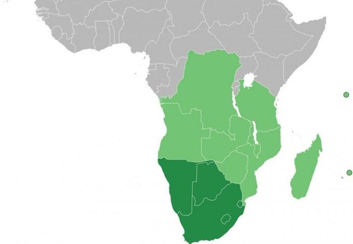 Map of Africa with the southern African countries colored in green